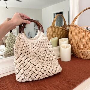 Sigrid Olsen Cream Crochet Tote with Wooden Round Handles